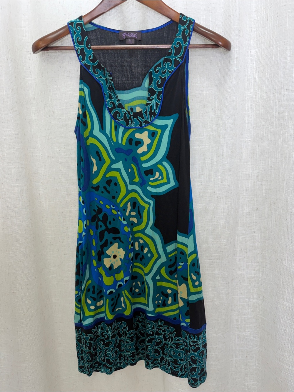 Hale Bob Blue & Green Patterned Sleeveless Silk Dress Size Medium
